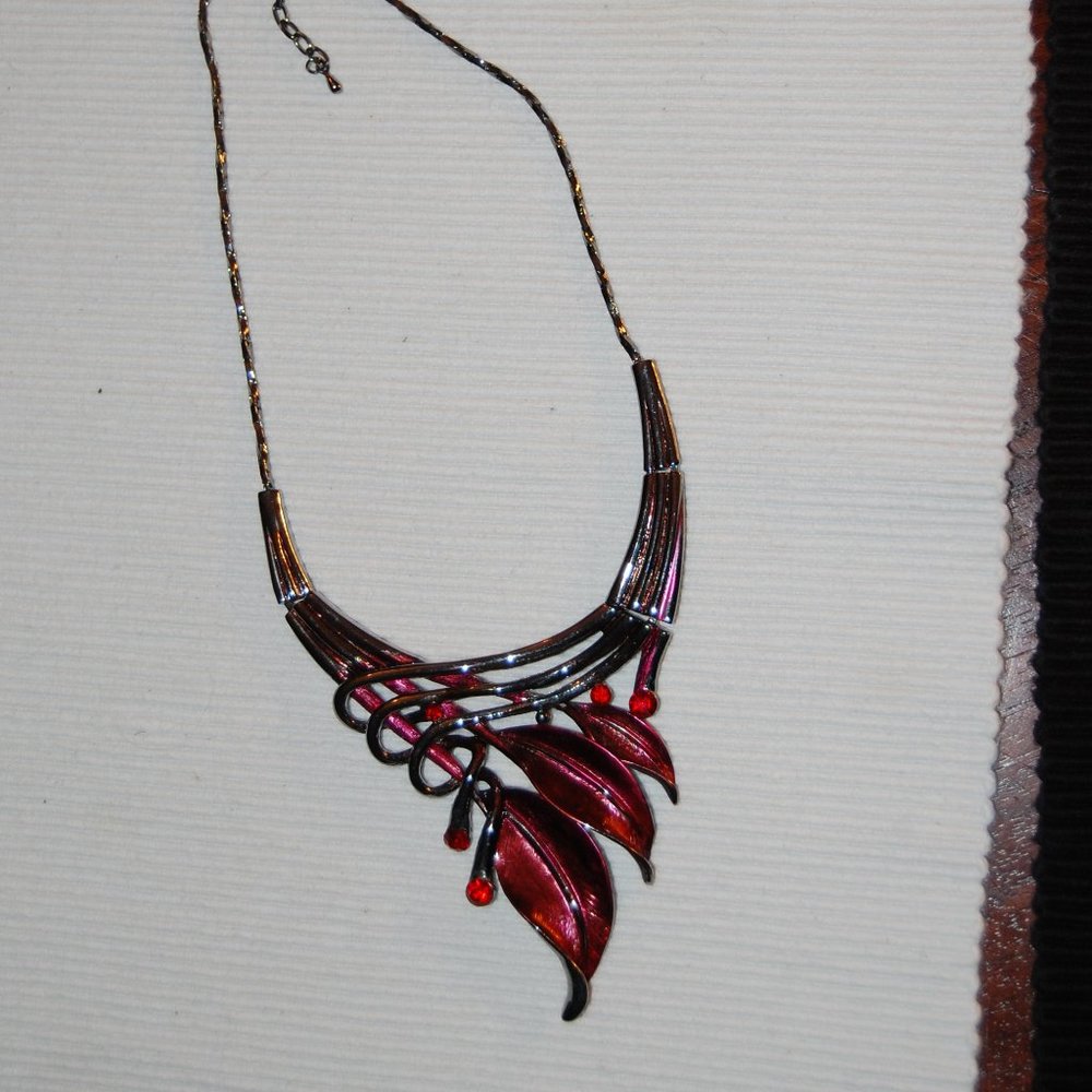 STATEMENT Necklace W/ Red Leaves & Red Rhinestones 10" Long